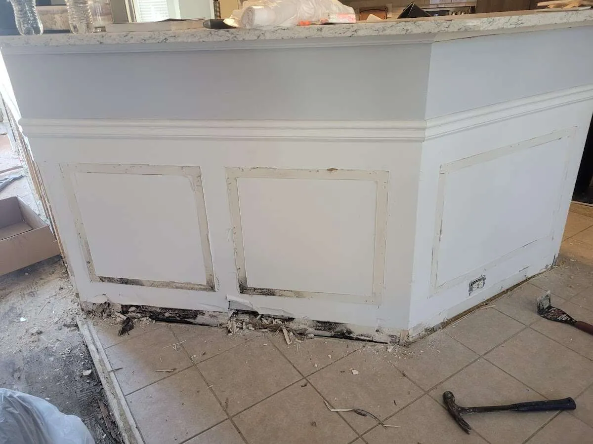 Water damage and mold on kitchen during Sewage Cleanup & Sanitation in Fairhope